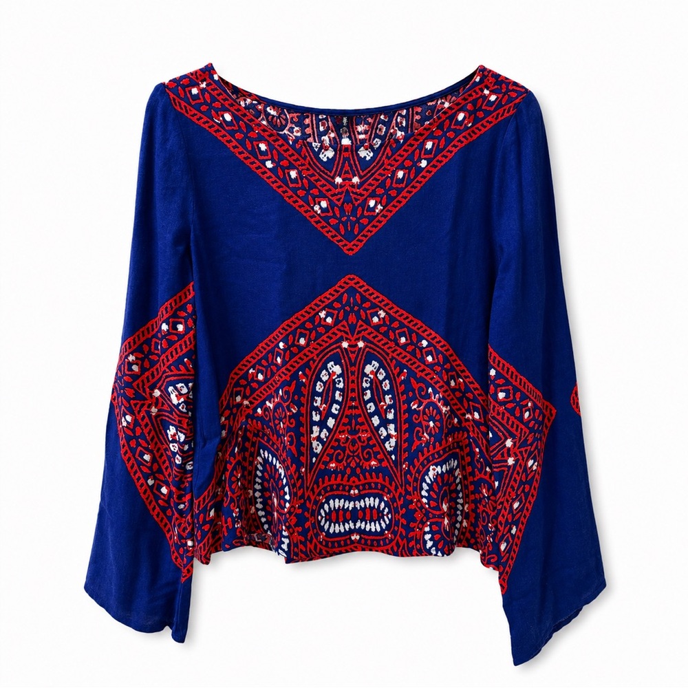Ella Moss Fez Kaleidoscope Top Small Royal Blue Red Paisley Bell Sleeve Boho Y2K - Picture 2 of 7